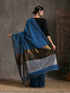 Blue Cotton Saree with Bronze & Silver Pallu